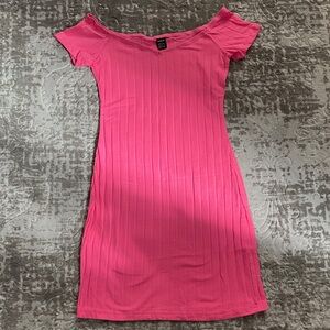 Hot Pink Off-Shoulder Ribbed Mini Dress